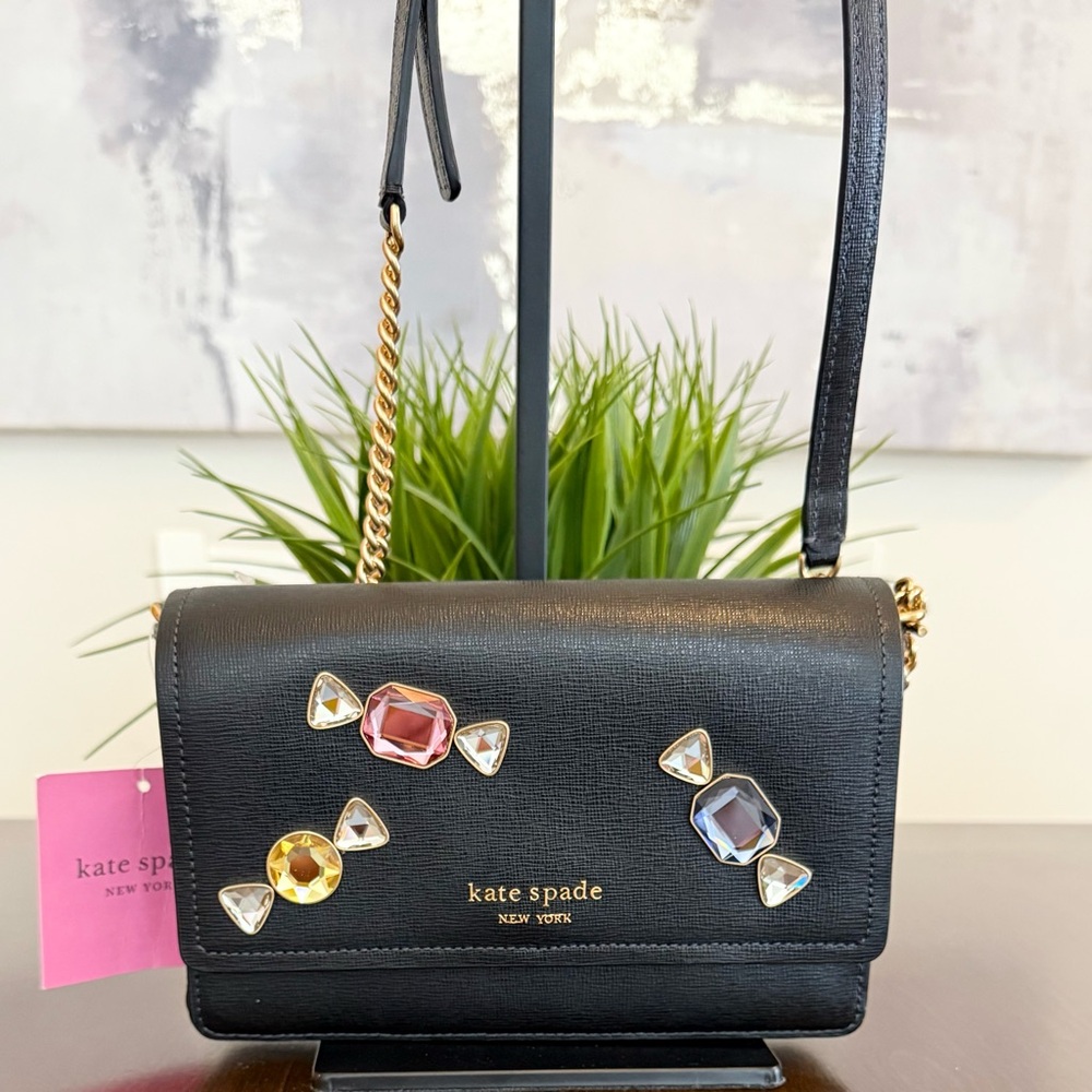 Kate Spade Gala Stone Embellished Saffiano Leather Flap Chain Crossbody Wallet - Picture 2 of 9